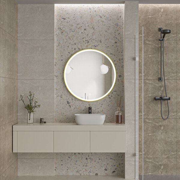 Erga Olivia, kulaté LED zrcadlo 90cm, zlatý kovový rám, 2070 lm, 6500K, přední osvětlení, ERG-V01-202-9090-GD