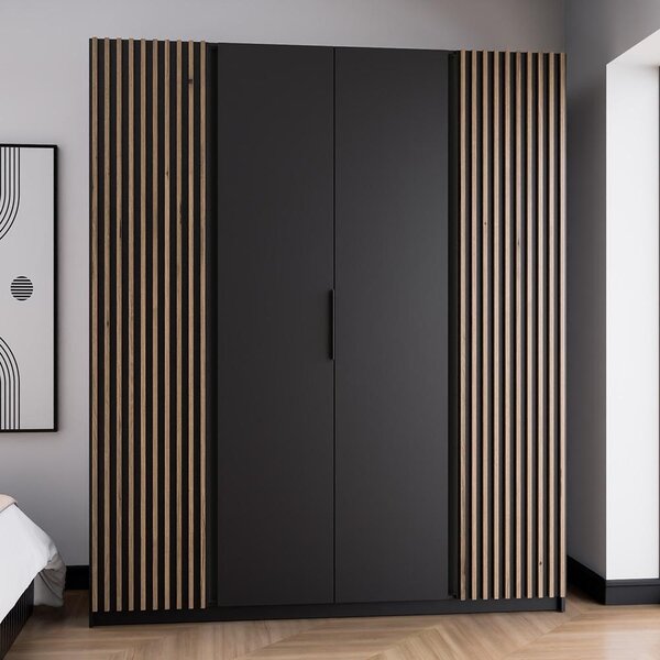 Šatní skříň KAJA 2LAM 2F | 200 cm | bez zrcadla | VYSOKÁ | černá + lamely