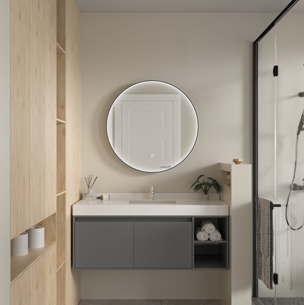 Erga Charlotte, kulaté LED zrcadlo 80cm, černý kovový rám, 1840 lm, 6500K, přední boční osvětlení, ERG-V01-204-8080-BK