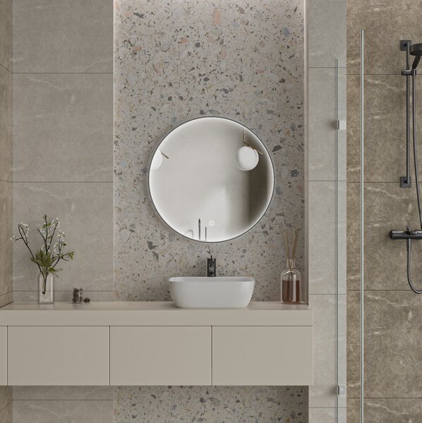Erga Charlotte, kulaté LED zrcadlo 70cm, černý kovový rám, 1610 lm, 6500K, přední boční osvětlení, ERG-V01-204-7070-BK