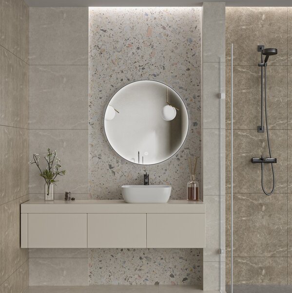 Erga Charlotte, kulaté LED zrcadlo 80cm, černý kovový rám, 1840 lm, 6500K, přední boční osvětlení, ERG-V01-204-8080-BK