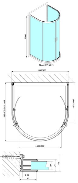 Polysan Polysan, EASY polokruhová sprchová zástěna 900x900mm, čiré sklo, EL4615