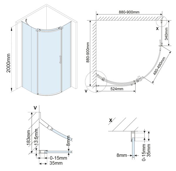 Polysan Polysan, THRON ROUND čtvrtkruhová sprchová zástěna 900x900mm, čiré sklo, levá, TL2690-5005