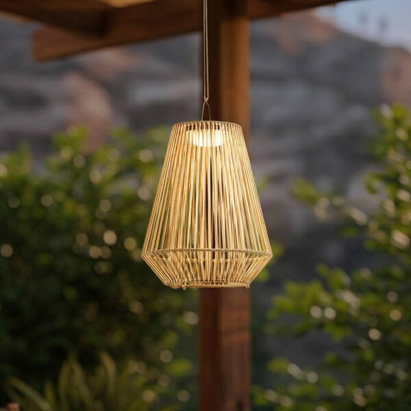 Lindby LED solární závěsná lampa Austas, béžová, Ø 32 cm, USB, IP54, stmívatelný, Krémová / jantar, Plast, Moderní, Závěsná lampa - lustr