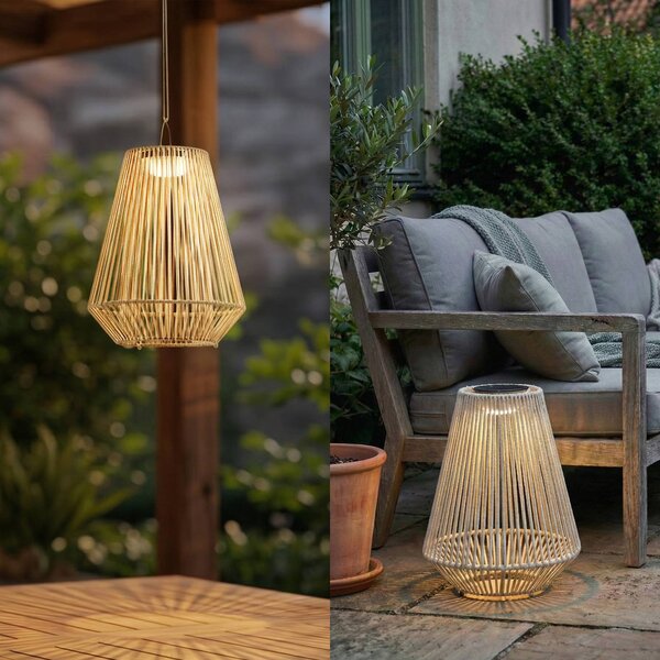 Lindby LED solární závěsná lampa Austas, béžová, Ø 32 cm, USB, IP54, stmívatelný, Krémová / jantar, Plast, Moderní, Závěsná lampa - lustr