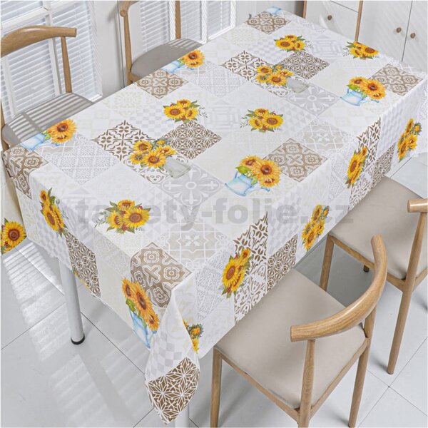 Ubrus PVC 3581564, metráž, šířka 140 cm, slunečnice s hnědými ornamenty, IMPOL TRADE