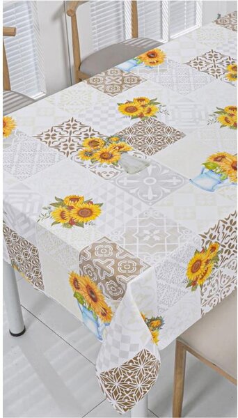 Ubrus PVC 3581564, metráž, šířka 140 cm, slunečnice s hnědými ornamenty, IMPOL TRADE