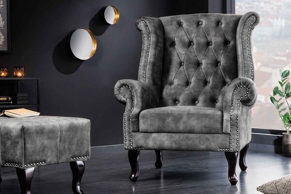Designové křeslo Chesterfield šedý samet