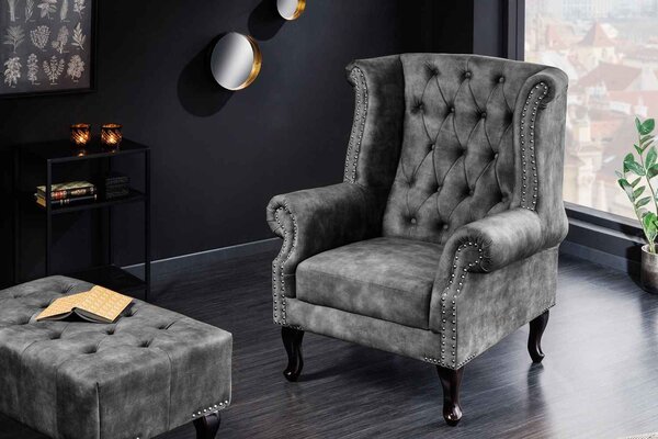 Designové křeslo Chesterfield šedý samet