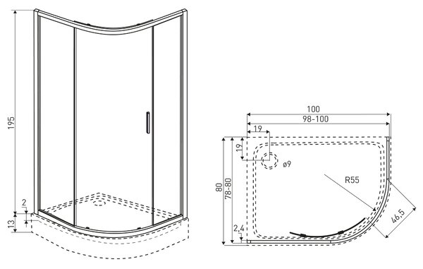 Novoterm Asymetrický sprchový kout NV-Solid RPA CHR 80x100, chrom/transparent - bez vaničky