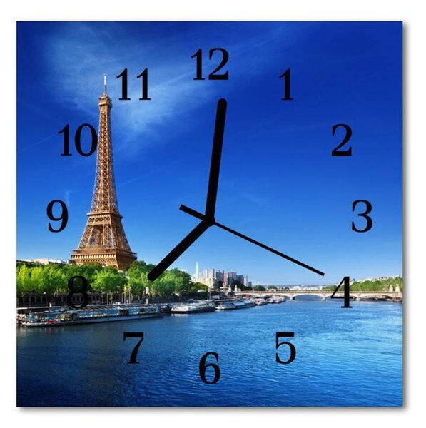 Nástěnné hodiny obrazové na skle - Eiffelova věž ve dne