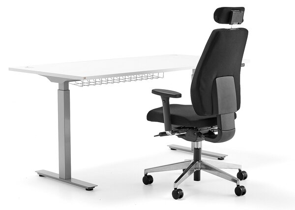 AJ Produkty Sestava FLEXUS + WATFORD, výškově nastavitelný stůl, stříbrná/bílá + kancelářská židle, černá
