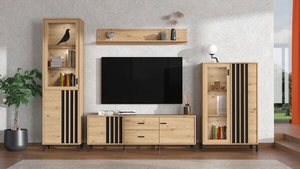 KOMODA POD TELEVIZI, černá, dub artisan, 157/52/40 cm Hom`in - Černé komody