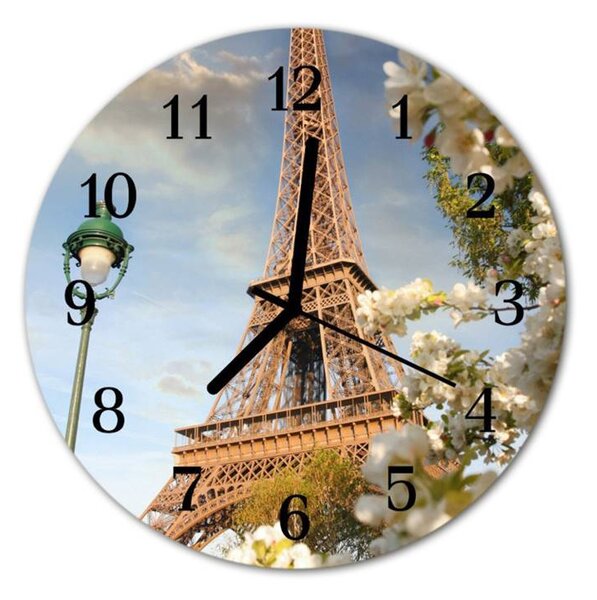 Nástěnné hodiny obrazové na skle - Eiffelova věž v Paříži