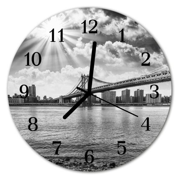 Nástěnné hodiny obrazové na skle - Město a most