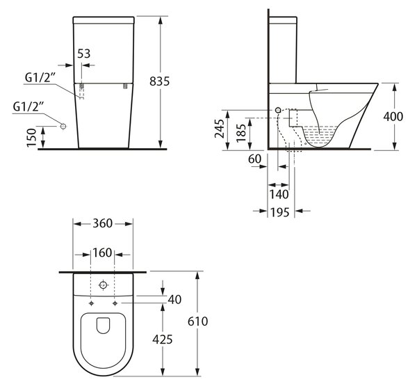 Bruckner Bruckner, DARIO RIMLESS WC kombi mísa s nádržkou, spodní/zadní odpad, bílá, 201.428.4