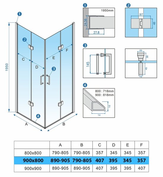 BPS-koupelny Obdélníkový sprchový kout HYD-OK12A 90x80 zlatá kartáčovaná/transparent - bez vaničky