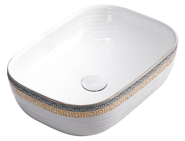 BPS-koupelny Keramické umyvadlo na desku HYD-MO-WH-MOD1-455 45,5x32,5 cm, bílé/zlato-stříbrný dekor