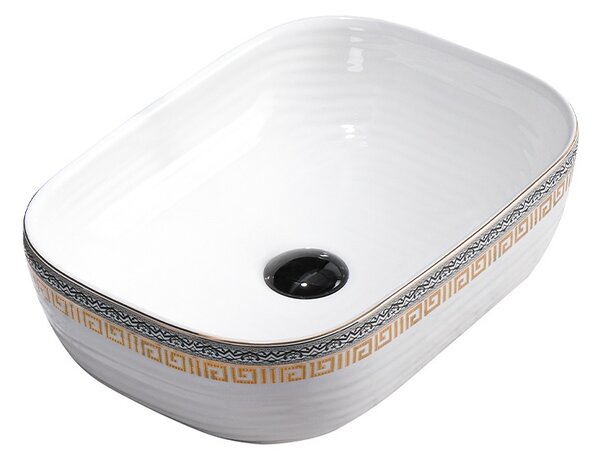 BPS-koupelny Keramické umyvadlo na desku HYD-MO-WH-MOD1-455 45,5x32,5 cm, bílé/zlato-stříbrný dekor