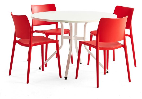 AJ Produkty Sestava Various + Rio, 1 stůl a 4 červené židle