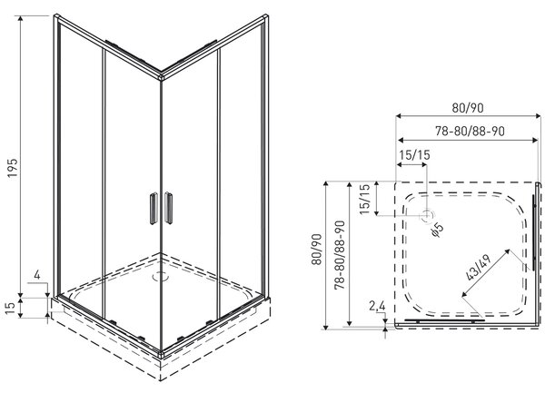 Novoterm Čtvercový sprchový kout NV-Solid SQ BL 80, černý/transparent - bez vaničky
