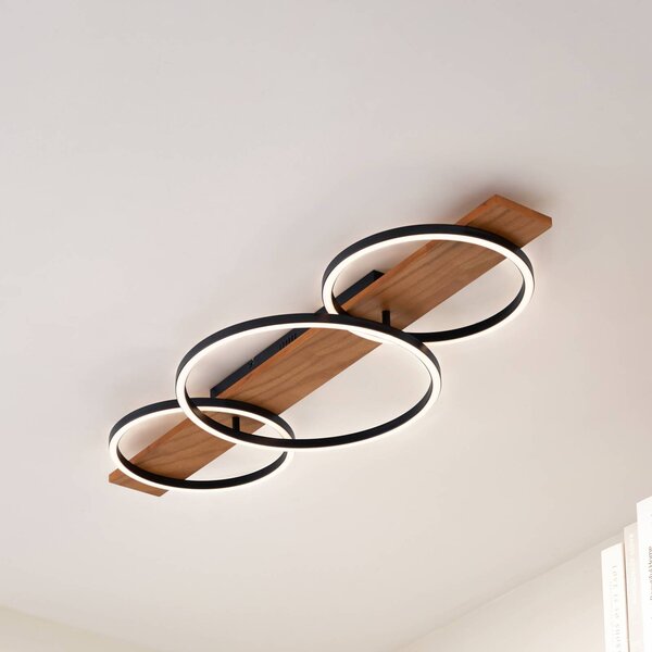 Lindby LED stropní svítidlo Galad, černá, dřevo, 3 světla, 98 cm, stmívatelný, Světlé dřevo, Obývací pokoj / jídelna, Dřevo, Moderní, Stropní svítidlo