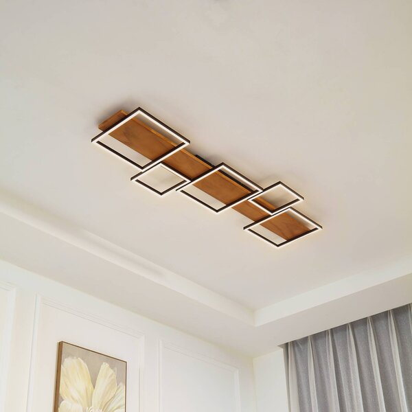 Lindby LED stropní svítidlo Galad, černé, dřevo, 5 světel, 140 cm, stmívatelný, Světlé dřevo, Obývací pokoj / jídelna, Dřevo, Moderní, Stropní svítidlo
