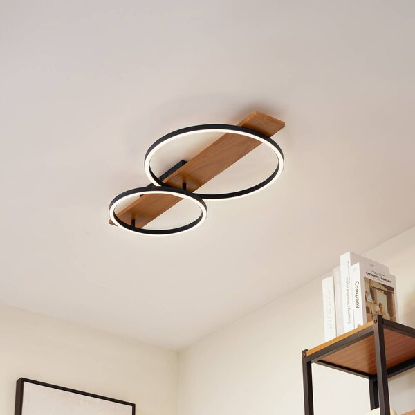 Lindby LED stropní svítidlo Galad, černé, dřevo, 2 světla, 75 cm, stmívatelný, Světlé dřevo, Obývací pokoj / jídelna, Dřevo, Moderní, Stropní svítidlo