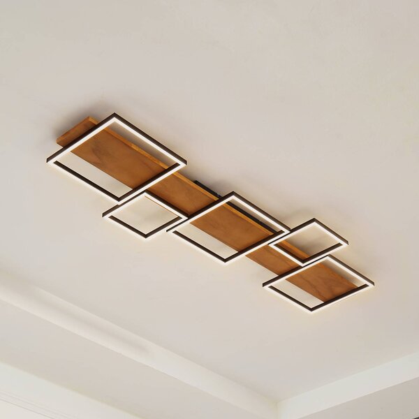 Lindby LED stropní svítidlo Galad, černé, dřevo, 5 světel, 140 cm, stmívatelný, Světlé dřevo, Obývací pokoj / jídelna, Dřevo, Moderní, Stropní svítidlo
