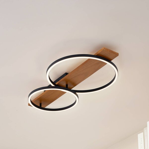 Lindby LED stropní svítidlo Galad, černé, dřevo, 2 světla, 75 cm, stmívatelný, Světlé dřevo, Obývací pokoj / jídelna, Dřevo, Moderní, Stropní svítidlo