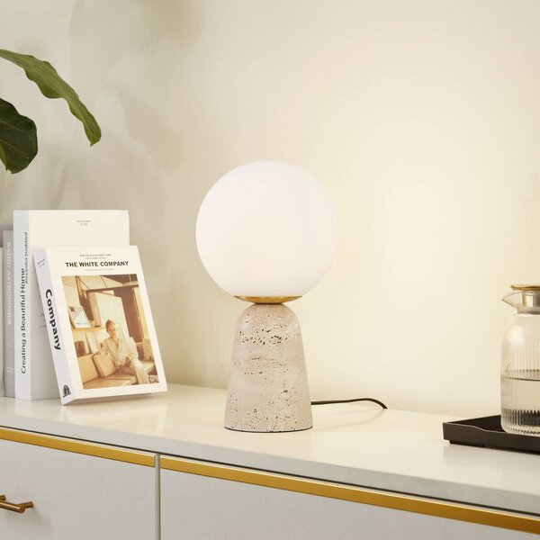 Lindby Stolní lampa Kirstan, béžová, bílá, sklo, kámen, 33 cm, Bílá / opál, Obývací pokoj / jídelna, Kámen, Moderní