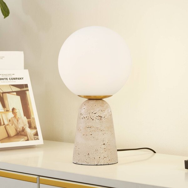 Lindby Stolní lampa Kirstan, béžová, bílá, sklo, kámen, 33 cm, Bílá / opál, Obývací pokoj / jídelna, Kámen, Moderní