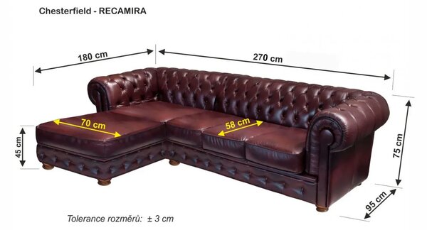 Chesterfield Recamira Kožená sedací souprava rohová s otomanem puncovaná / bez puncování