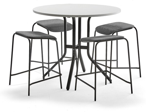 AJ Produkty Sestava VARIOUS + ATTEND, stůl Ø1100x900 mm, bílá + 4 antracitové stoličky