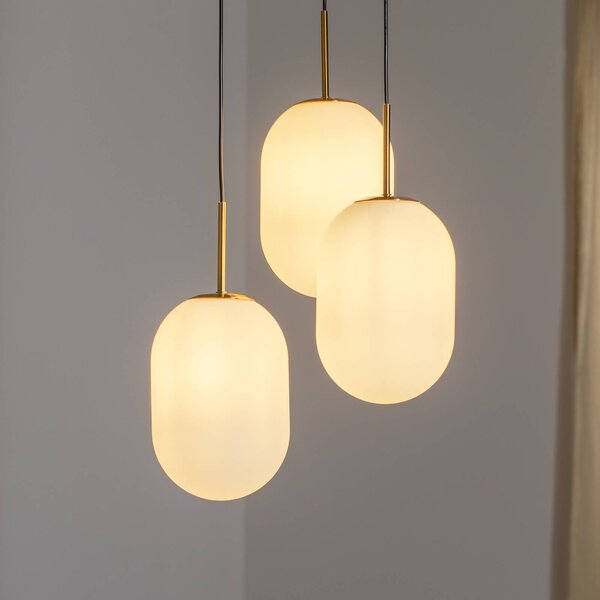 Eko-Light Závěsné světlo Alias, kov zlatý opálové sklo, 3 žárovky kulaté, stmívatelný, Bílá / opál, Obývací pokoj / jídelna, Sklo, Moderní