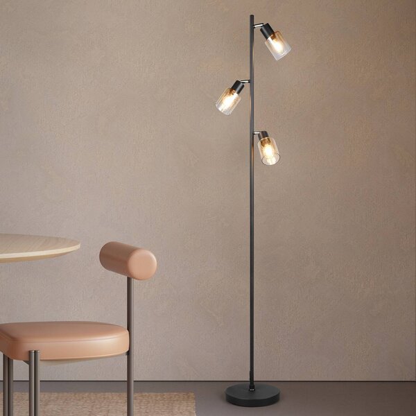 Reality Leuchten Stojací lampa Cadiz, černá/jantarová, 3 žárovky, výška 154 cm, Černá, Obývací pokoj / jídelna, kov, Moderní