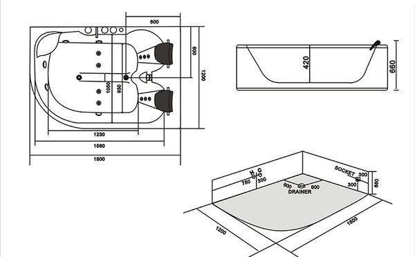 BPS-koupelny Hydromasážní vířivá vana Carmen 631LH 180x120 s ohřevem vody, pravá