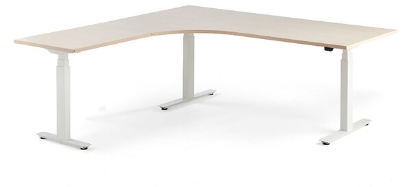 AJ Produkty Výškově nastavitelný stůl MODULUS, rohový, 2000x2000 mm, bílý rám, bříza