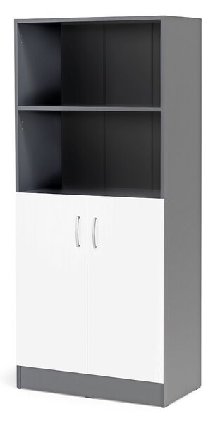 AJ Produkty Kancelářská skříň FLEXUS, 1725x760x415 mm, dveře + 2 otevřené police, šedá/bílá