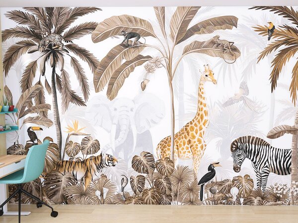 FUGU Tapeta pro děti Džungle mix white s exotickými zvířaty Materiál: Digitální eko vlies - klasická tapeta nesamolepicí