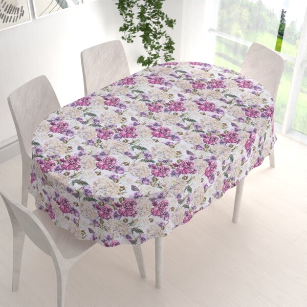 Biante Dekorační oválný ubrus PML-108 Fialové květiny s motýlky na bílém 50x100 cm