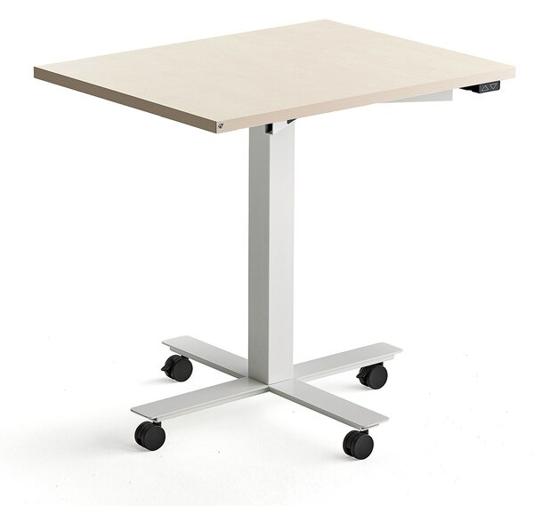 AJ Produkty Výškově nastavitelný stůl MODULUS, s kolečky, 800x600 mm, bílý rám, bříza