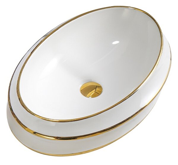 BPS-koupelny Keramické umyvadlo na desku HYD-YO-WH-GL-LN-600 60x40 cm, bílé/zlatý proužek