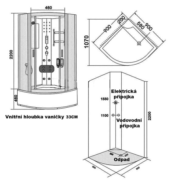 BPS-koupelny Hydromasážní box HYD-Limer 90, 90x90 bez sauny