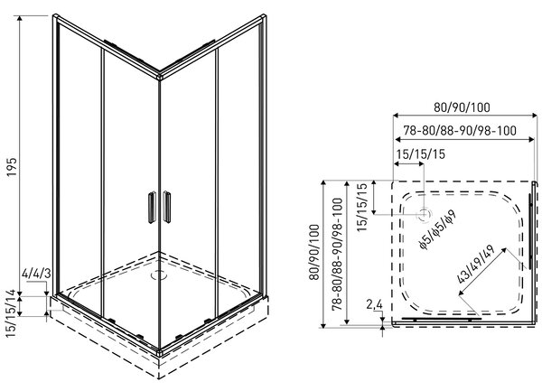 Novoterm Čtvercový sprchový kout NV-Solid SQ CHR 90, chrom/transparent - bez vaničky