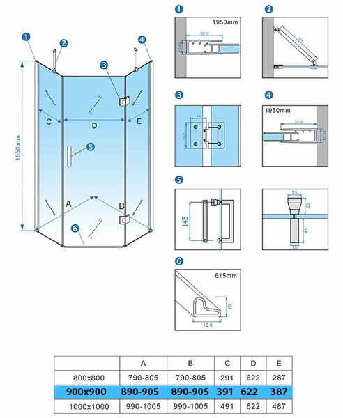 BPS-koupelny Pětiúhelníkový sprchový kout HYD-PK10B 90x90 černá/transparent - bez vaničky