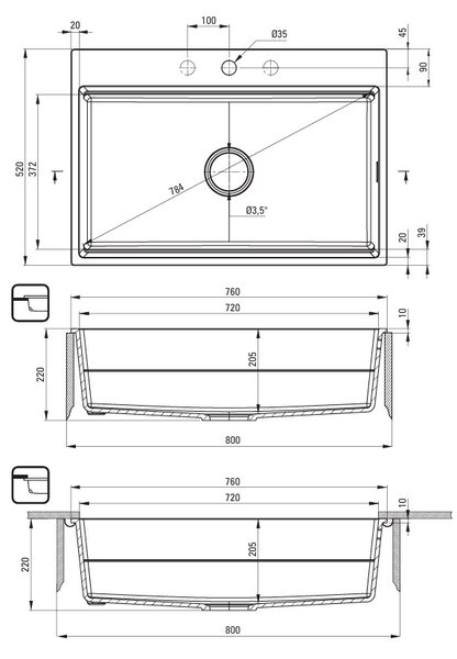Deante Magnetic, 1-komorový granitový dřez 760x520x220mm, bílá matná, DEA-ZRM_A10B