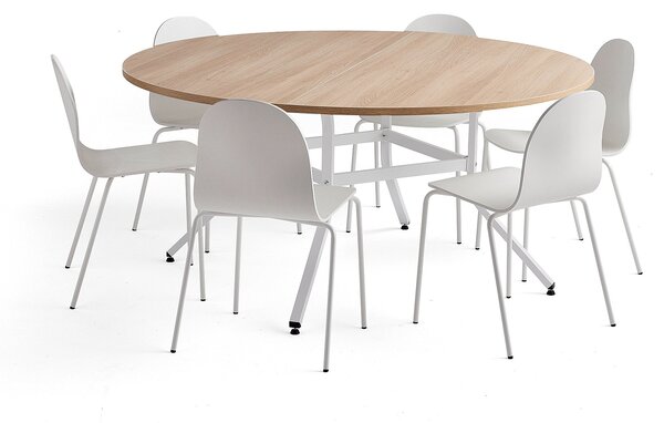 AJ Produkty Sestava VARIOUS + GANDER, stůl Ø1600x740 mm, dub + 6 bílých židlí