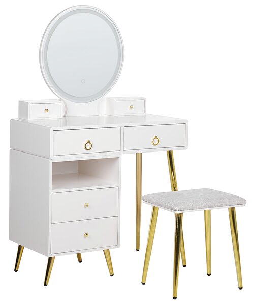 Toaletní stolek se 6 zásuvkami a LED zrcadlem a stoličkou bílý/zlatý YVES