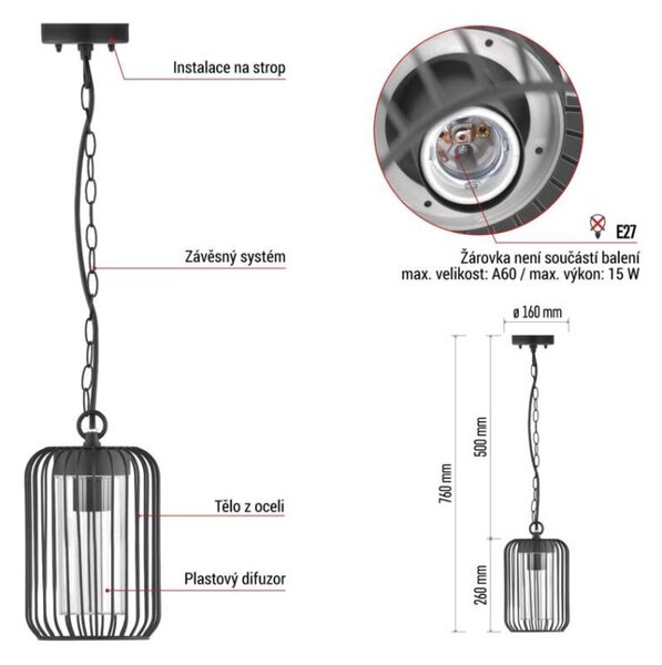 EMOS LED zahradní závěsné svítidlo SALVIA, 16 × 16 × 32 cm, 1 × E27, 15 W 1554001000